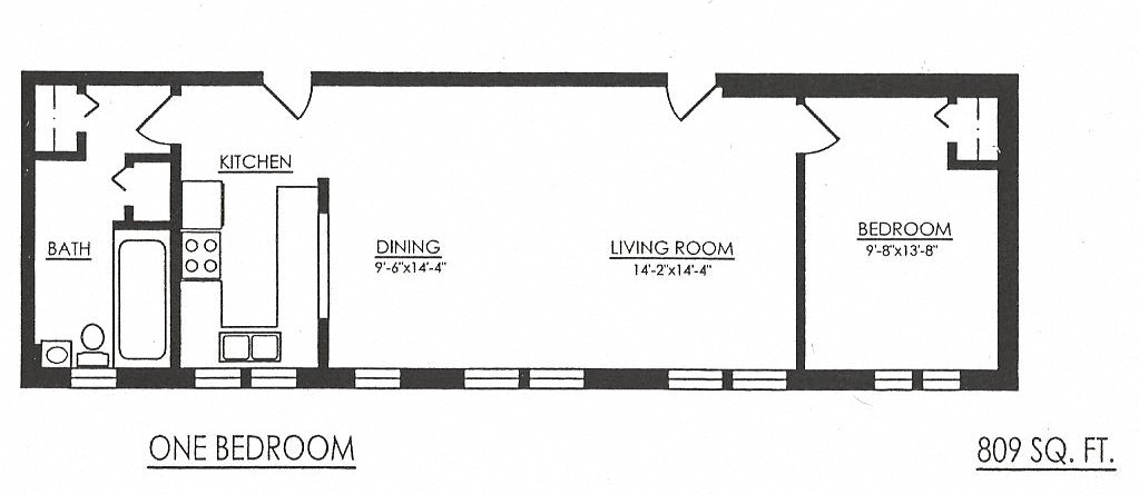 Floor plan for 1 bed, 1 bath, 809 sqft